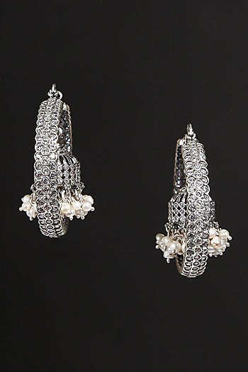 White Finish Cubic Zirconia & Pearl Tribal Dangler Earrings In Sterling Silver