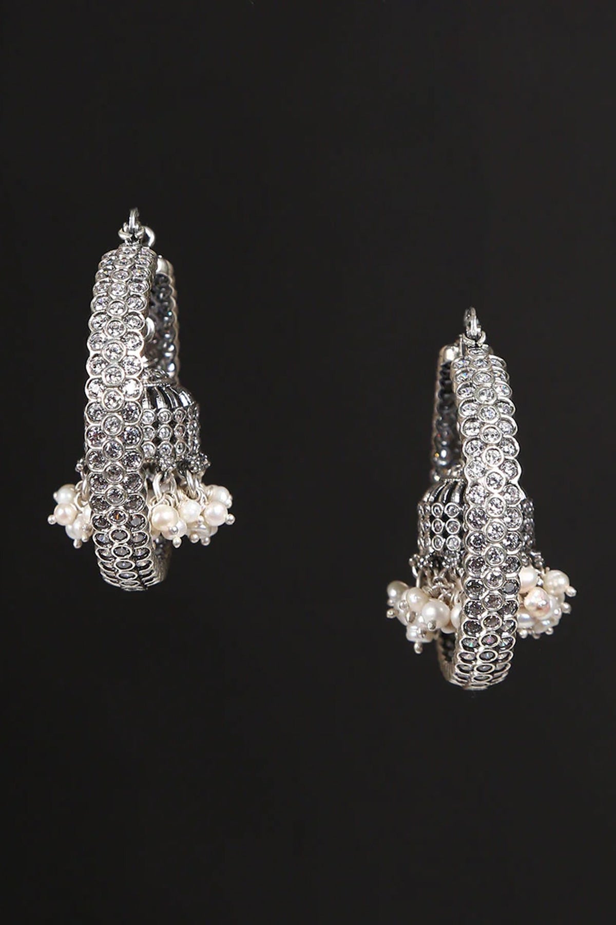 White Finish Cubic Zirconia & Pearl Tribal Dangler Earrings In Sterling Silver