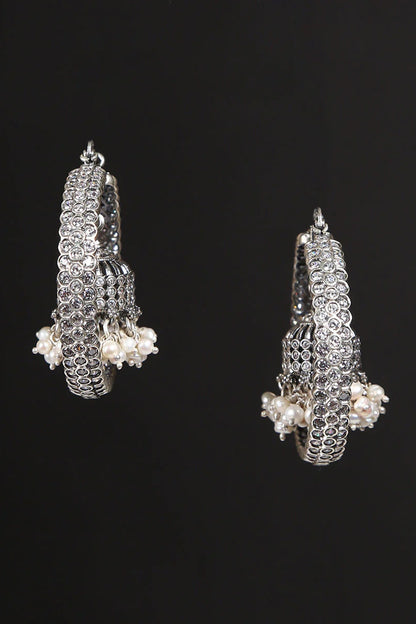 White Finish Cubic Zirconia & Pearl Tribal Dangler Earrings In Sterling Silver