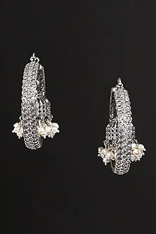 White Finish Cubic Zirconia & Pearl Tribal Dangler Earrings In Sterling Silver