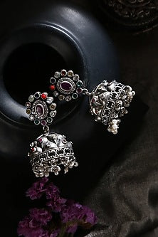 White Finish Navratna & Pearl Tribal Jhumka Earrings In Sterling Silver