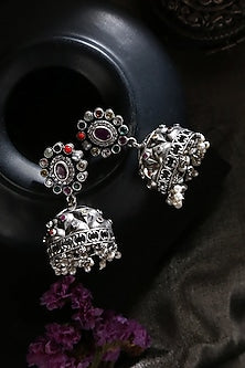 White Finish Navratna & Pearl Tribal Jhumka Earrings In Sterling Silver