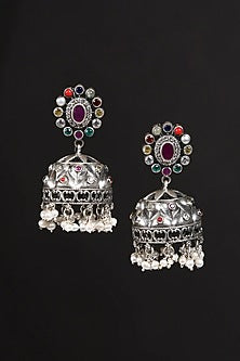 White Finish Navratna & Pearl Tribal Jhumka Earrings In Sterling Silver