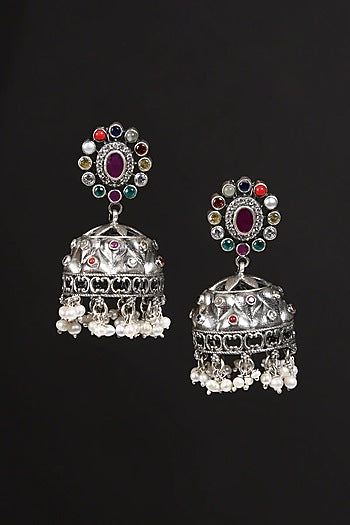 White Finish Navratna & Pearl Tribal Jhumka Earrings In Sterling Silver