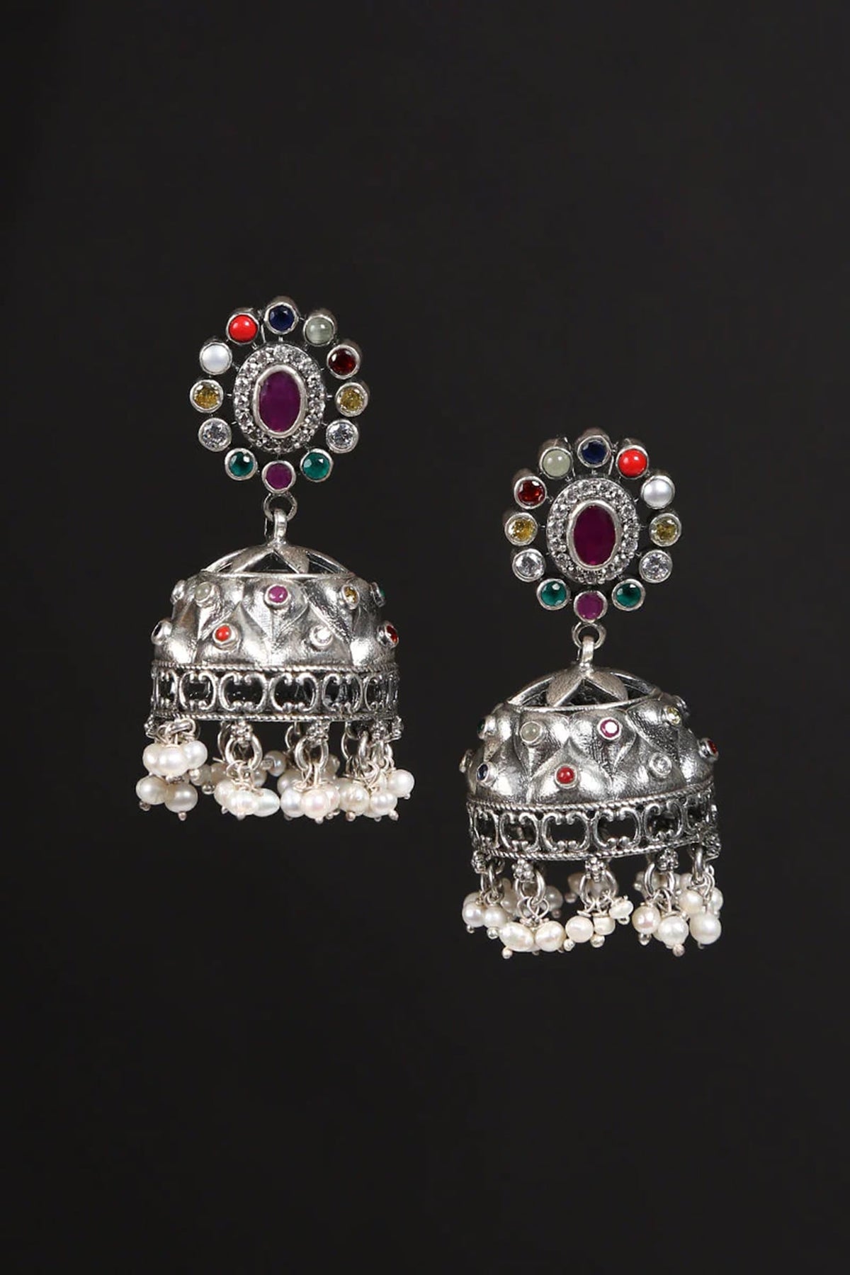 White Finish Navratna & Pearl Tribal Jhumka Earrings In Sterling Silver