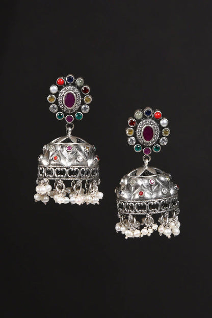 White Finish Navratna & Pearl Tribal Jhumka Earrings In Sterling Silver