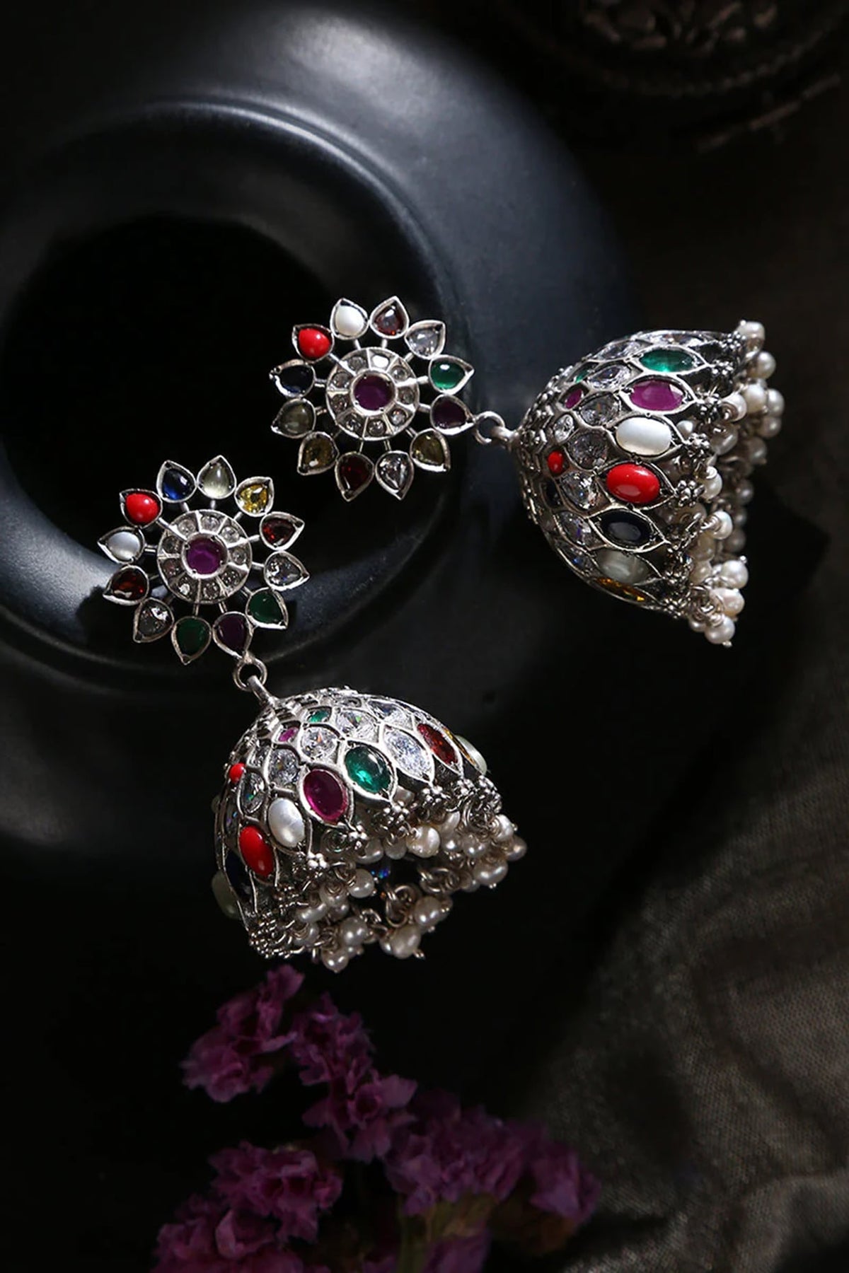 White Finish Navratna & Pearl Tribal Jhumka Earrings In Sterling Silver