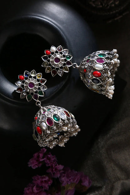 White Finish Navratna & Pearl Tribal Jhumka Earrings In Sterling Silver