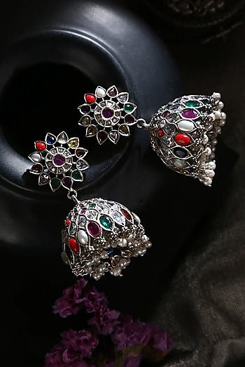 White Finish Navratna & Pearl Tribal Jhumka Earrings In Sterling Silver