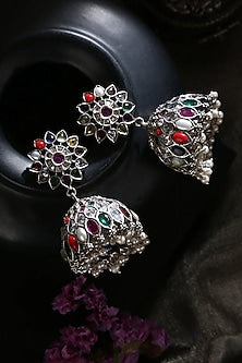 White Finish Navratna & Pearl Tribal Jhumka Earrings In Sterling Silver