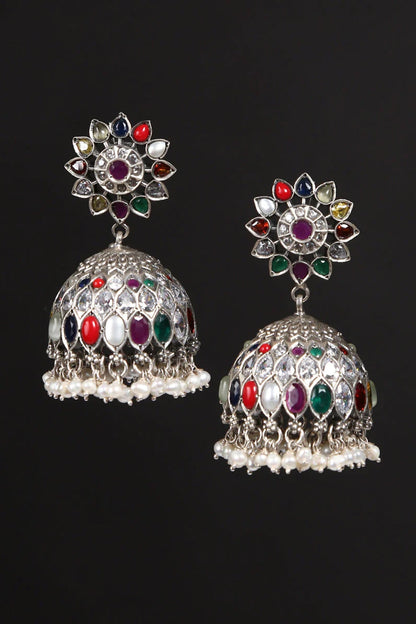 White Finish Navratna & Pearl Tribal Jhumka Earrings In Sterling Silver