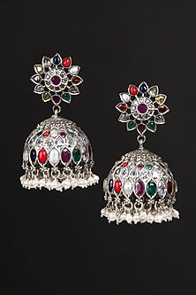 White Finish Navratna & Pearl Tribal Jhumka Earrings In Sterling Silver