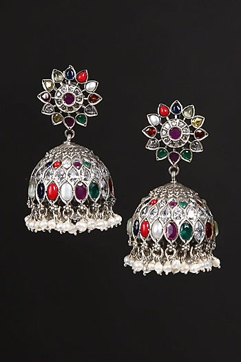 White Finish Navratna & Pearl Tribal Jhumka Earrings In Sterling Silver