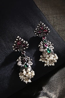 White Finish Kempstone & Pearl Tribal Jhumka Earrings In Sterling Silver
