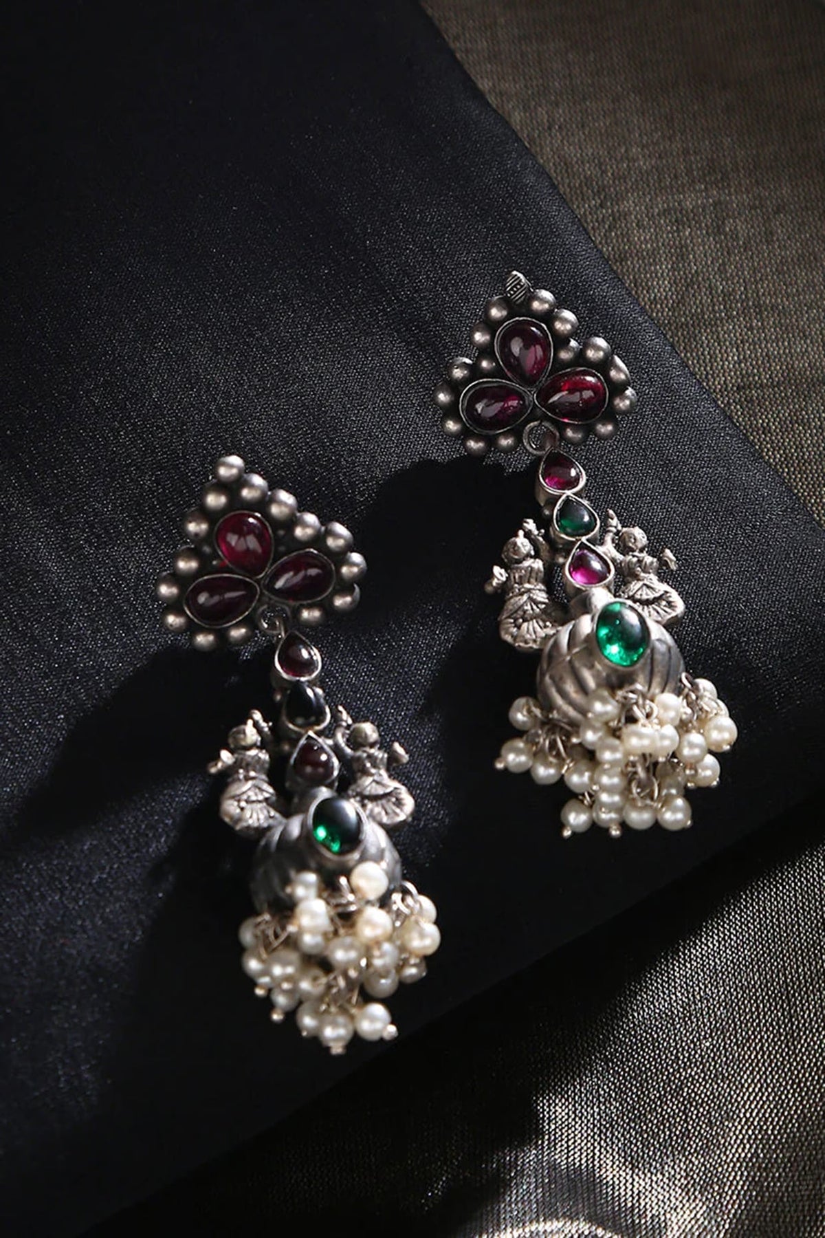 White Finish Kempstone & Pearl Tribal Jhumka Earrings In Sterling Silver