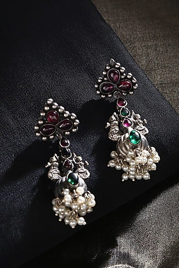 White Finish Kempstone & Pearl Tribal Jhumka Earrings In Sterling Silver