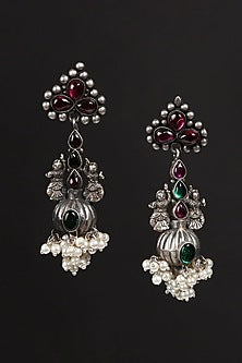 White Finish Kempstone & Pearl Tribal Jhumka Earrings In Sterling Silver
