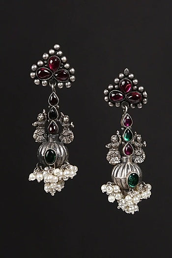 White Finish Kempstone & Pearl Tribal Jhumka Earrings In Sterling Silver