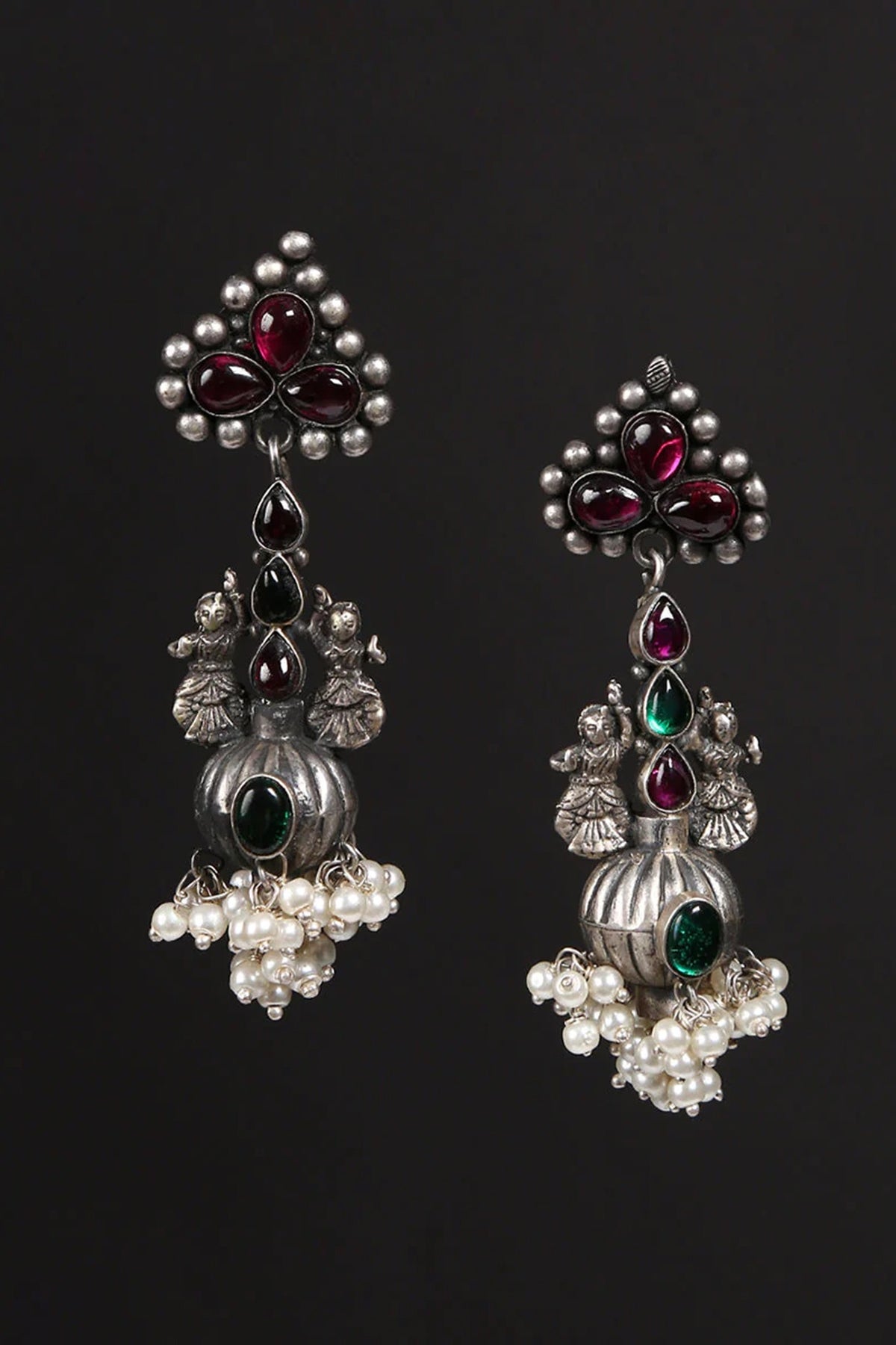 White Finish Kempstone & Pearl Tribal Jhumka Earrings In Sterling Silver