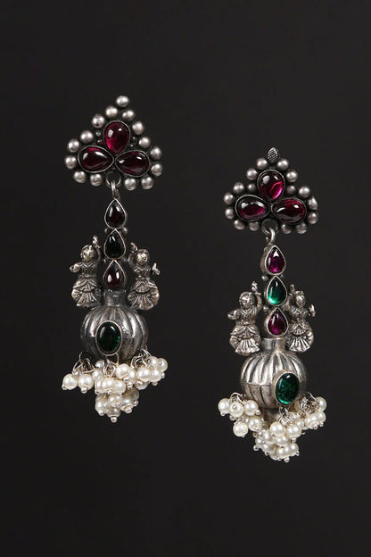 White Finish Kempstone & Pearl Tribal Jhumka Earrings In Sterling Silver