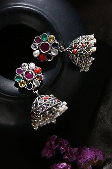 White Finish Navratna & Pearl Tribal Jhumka Earrings In Sterling Silver