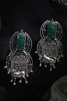 Two-Tone Finish Green Onyx Tribal Dangler Earrings In Sterling Silver
