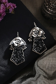 Two-Tone Finish Black Onyx Tribal Dangler Earrings In Sterling Silver