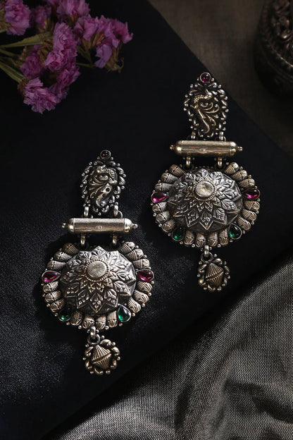 Two-Tone Finish Green & Red Kempstone Tribal Dangler Earrings In Sterling Silver