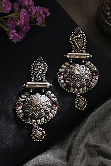 Two-Tone Finish Green & Red Kempstone Tribal Dangler Earrings In Sterling Silver