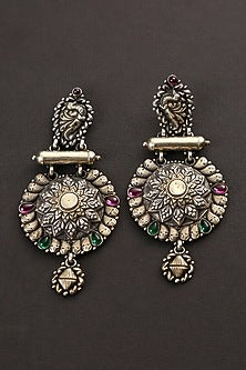 Two-Tone Finish Green & Red Kempstone Tribal Dangler Earrings In Sterling Silver