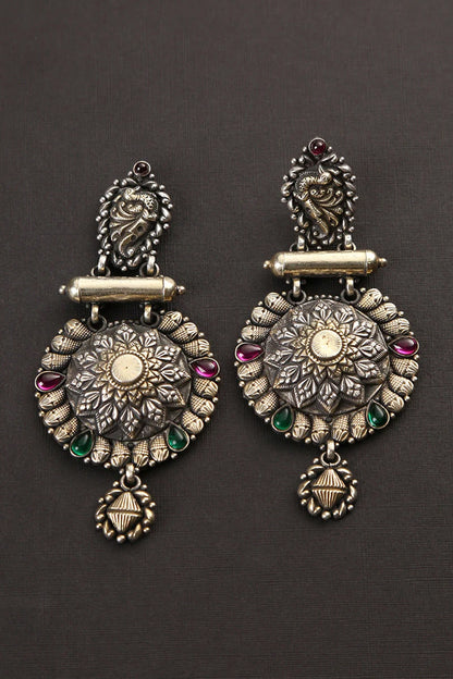 Two-Tone Finish Green & Red Kempstone Tribal Dangler Earrings In Sterling Silver