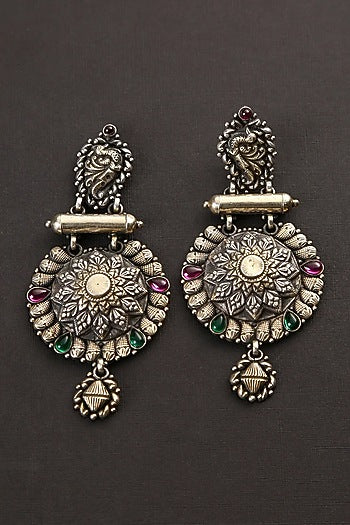 Two-Tone Finish Green & Red Kempstone Tribal Dangler Earrings In Sterling Silver