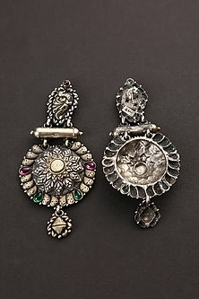 Two-Tone Finish Green & Red Kempstone Tribal Dangler Earrings In Sterling Silver