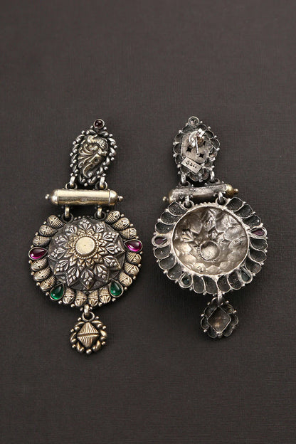 Two-Tone Finish Green & Red Kempstone Tribal Dangler Earrings In Sterling Silver