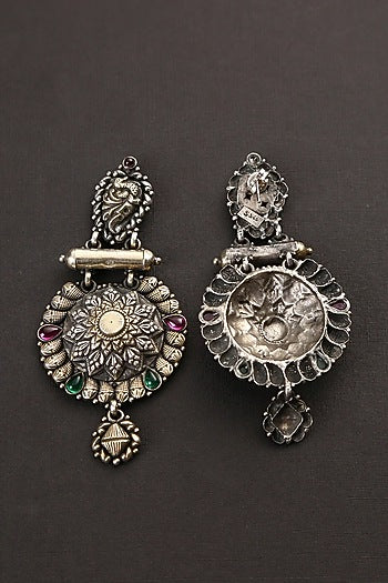 Two-Tone Finish Green & Red Kempstone Tribal Dangler Earrings In Sterling Silver