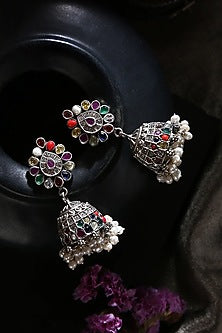 Two-Tone Finish Navratna & Pearl Tribal Dangler Earrings In Sterling Silver