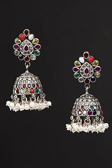Two-Tone Finish Navratna & Pearl Tribal Dangler Earrings In Sterling Silver