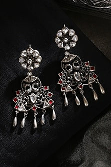 Two-Tone Finish Red Kundan Polki Tribal Dangler Earrings In Sterling Silver
