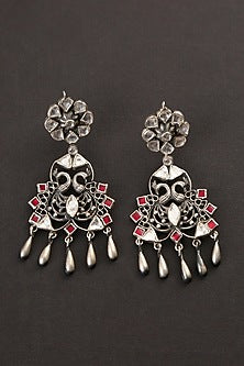 Two-Tone Finish Red Kundan Polki Tribal Dangler Earrings In Sterling Silver