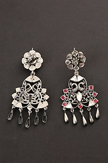 Two-Tone Finish Red Kundan Polki Tribal Dangler Earrings In Sterling Silver