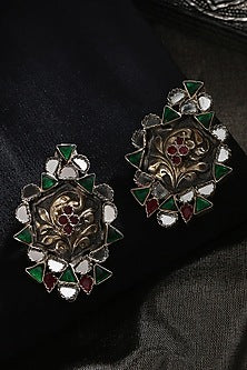 Two-Tone Finish Red & Green Kundan Polki Tribal Dangler Earrings In Sterling Silver