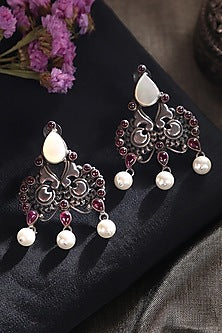 White Finish Red Kempstone & Pearl Tribal Dangler Earrings In Sterling Silver