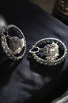 White Finish Cubic Zirconia & Pearl Tribal Dangler Earrings In Sterling Silver