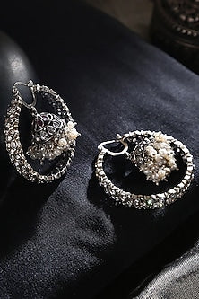 White Finish Green Kempstone & Pearl Tribal Dangler Earrings In Sterling Silver