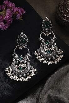 White Finish Green Kempstone & Pearl Tribal Dangler Earrings In Sterling Silver
