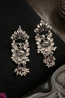 White Finish Kundan Polki & Pearl Tribal Dangler Earrings In Sterling Silver