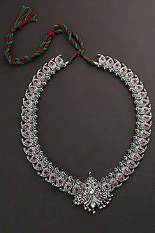 White Finish Red & Green Kempstone Tribal Necklace In Sterling Silver