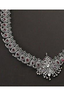 White Finish Red & Green Kempstone Tribal Necklace In Sterling Silver