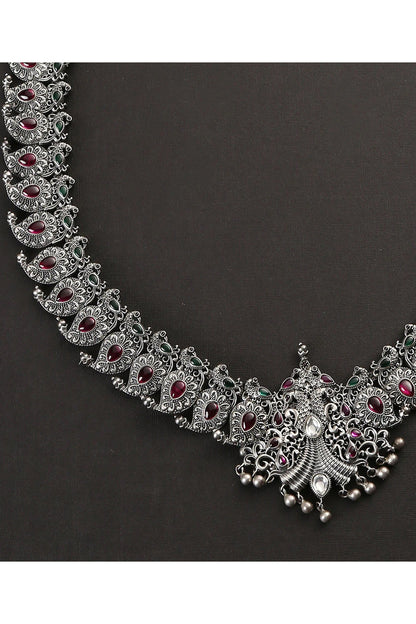 White Finish Red & Green Kempstone Tribal Necklace In Sterling Silver