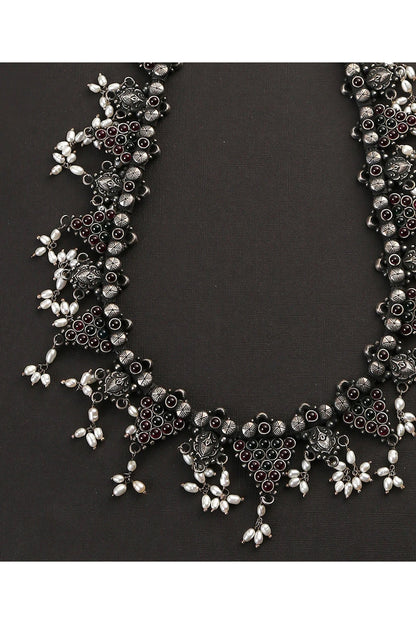 White Finish Red & Green Kempstone Tribal Necklace In Sterling Silver